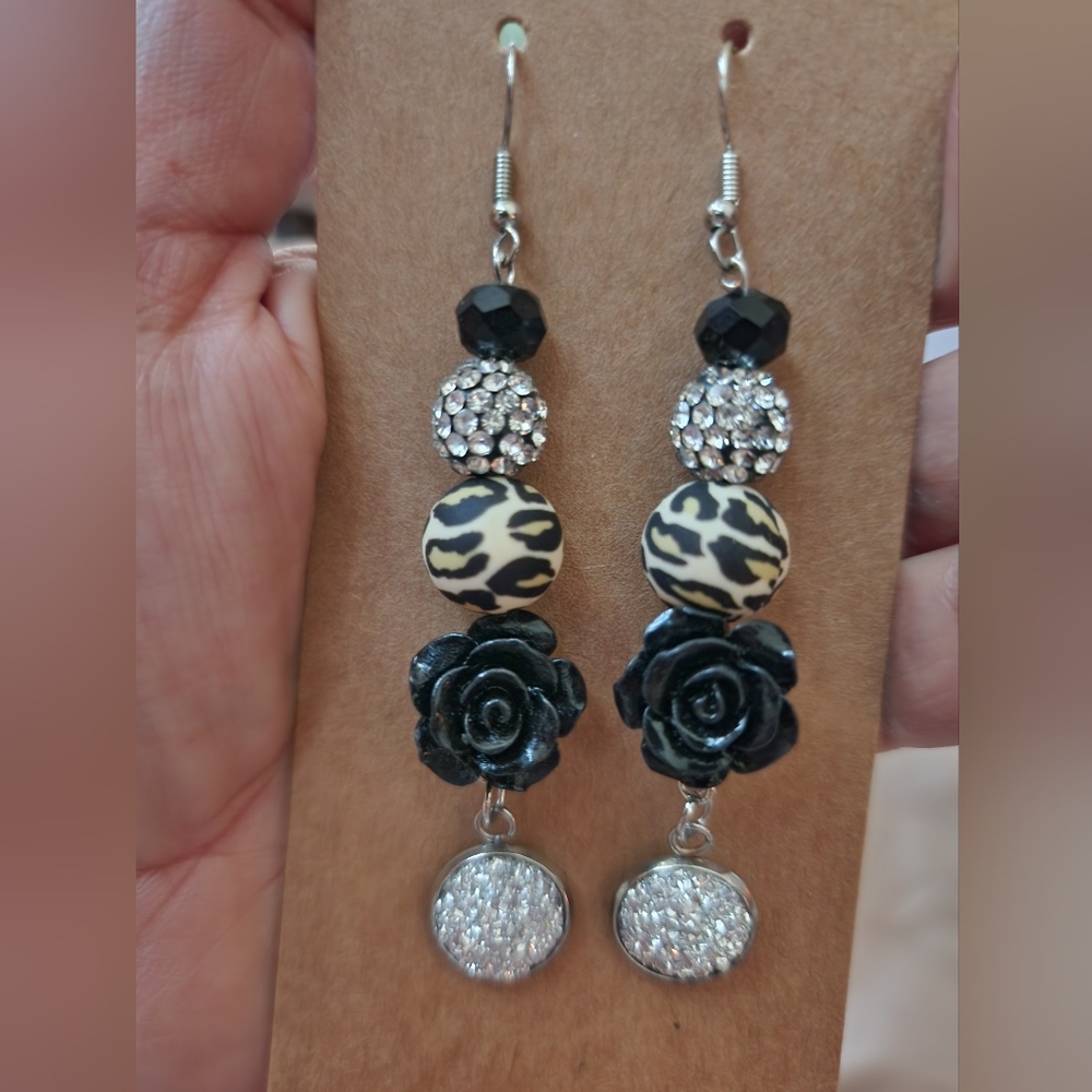 BrazenSoul Black Rose & Leopard Print Drop Earrings